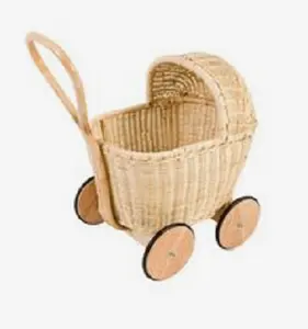 Handcraft Eco-friendly Material Rattan Baby Doll Pram Toys Sustainable Carrier For Kids Toddlers Toys Stroller