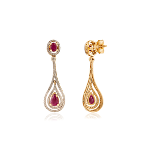Statement Teardrop Dangle Earrings Featuring In <b>Ruby</b> & Diamond 18K Solid Yellow Gold Trending New Design Birthstone Jewelry - Product Image 5