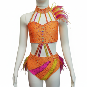 Traje de Baile con Pedrería Naranja para Niñas, con Cuentas de Cristal, para Competencia, con Plumas, para Samba y Baile Latino - Product Image 1