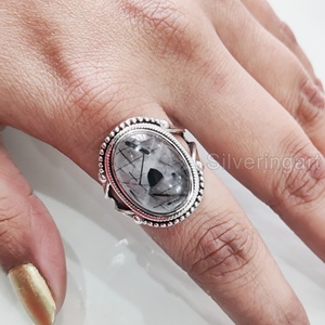 Anillo de Plata de Ley 925 para Mujer con Gema de Rutilo Negro Natural, Piedra de Nacimiento de Abril, Estilo Bohemio, Joyería Hecha a Mano para Navidad - Product Image 4