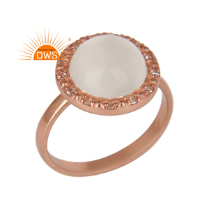 Handmade Sterling Silver Rose Gold Plated Natural White <b>Moonstone</b> And White Topaz Gemstone Stackable Ring Jewelry For Women - Product Image 1