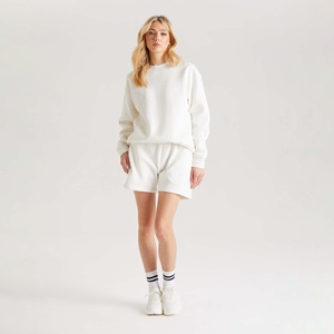 เซ็ตเสื้อสเวตเตอร์และกางเกงขาสั้นผ้าฝ้ายคอกลมทรงหลวมเสื้อสเวตเตอร์แบบสวมหัวเสื้อสเวตเตอร์แบบลำลองสำหรับผู้หญิง - Product Image 4