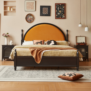 Round <b>Bed</b> With Orange Velvet Headboard <b>Platform</b> Style Eclectic Design Solid Wood <b>Frame</b> King Queen Full Size - Product Image 4