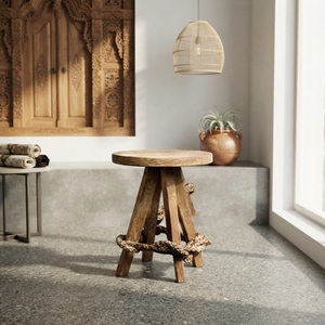 Modern Round Solid <b>Wood</b> <b>Stool</b> Natural Rustic Chair Accent Furniture With Thick Rope Detail For Contemporary Home Decor Setup Art - Product Image 3