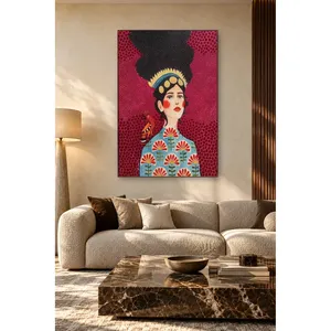 Stampa su tela di Fida con donna coronata e uccello cappello di paglia su sfondo bordeaux - Product Image 3