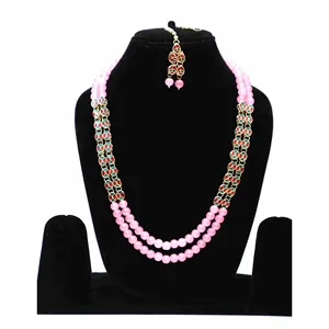 Ensemble de collier long Kundan avec placage or 18 carats, style vintage rose pour mariages - Bijoux fins de mariée - Product Image 3