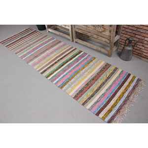 Alfombra Turca Vintage de 2.6x9.4 pies (80x285 cm), Alfombra de Lana Azul Kilim - Product Image 1