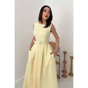 Yellow Solid Halter Neck Midi Flared <b>Dress</b> with Natural Waist - Product Image 3