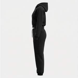 High Quality <b>Women</b> Two Piece Solid Crop Top And <b>Jogger</b> Pants Set Cotton <b>Fleece</b> Elastic Waist Sweatsuits With Hood Casual Style - Product Image 3