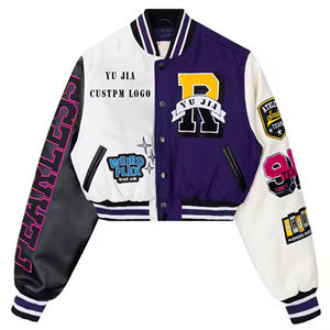Women Wool Jackets Custom Chenille Patches Embroidery Genuine Leather Sleeves Letterman Varsity Crop Jacket - Product Image 6