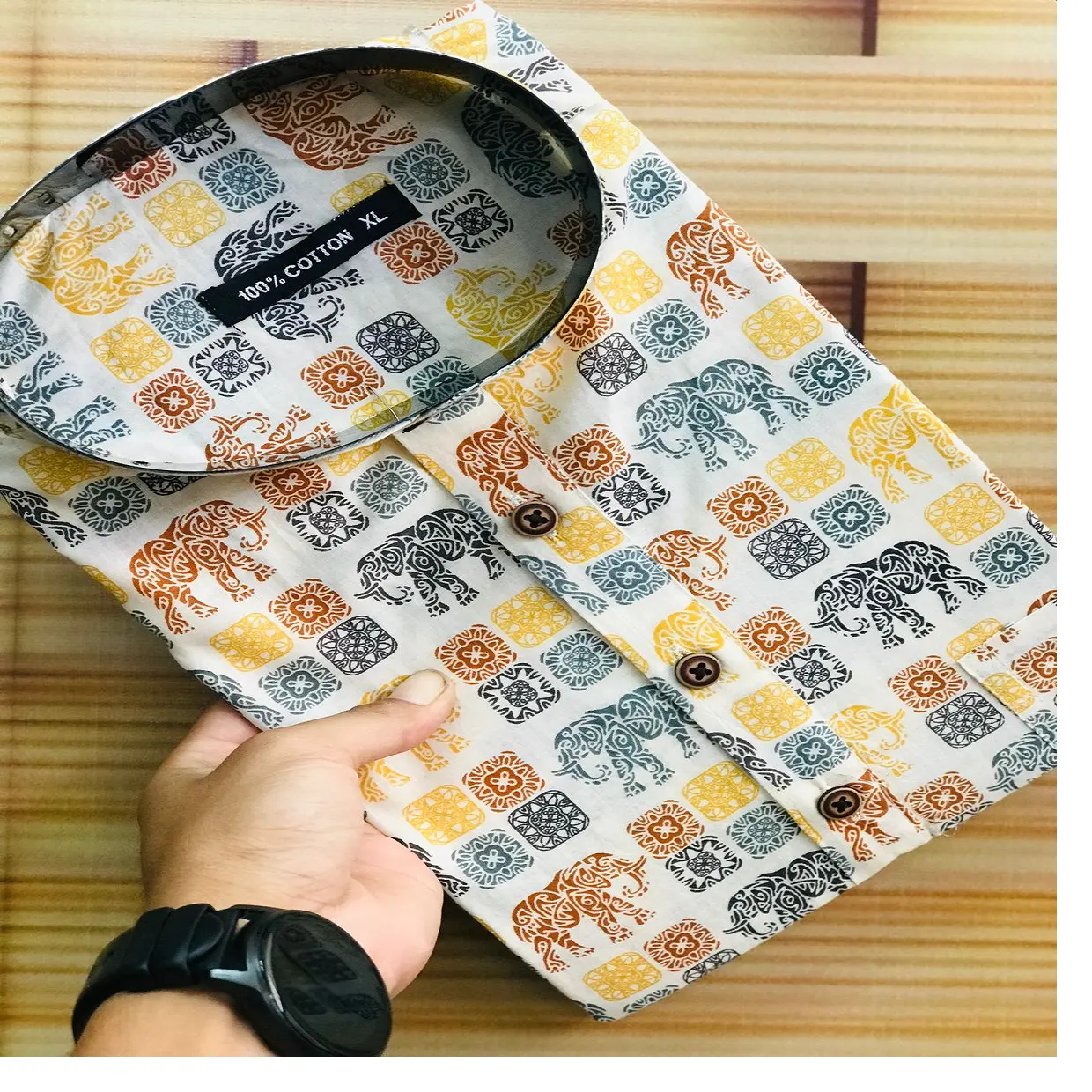 Camicie con stampa elefante in cotone 100% multicolore realizzate su misura in tessuti di cotone 100% per forniture natalizie e negozi di regali