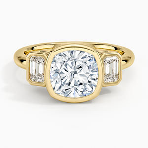 Bague de fiançailles pour femme en or 14K/18K avec trois pierres en diamant de laboratoire taille coussin et pierres latérales émeraude, certifiée IGI - Product Image 1