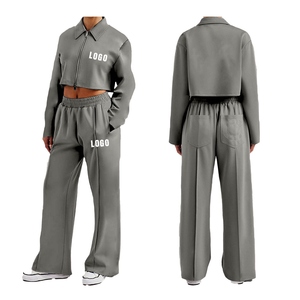 Trendy <b>Cropped</b> Tracksuit Set for Women Custom Logo <b>Zip</b> <b>Up</b> Hoodie and Jogger Pants Sweat Suit for Winter Running Training - Product Image 3
