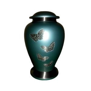 Urna Funeraria de Metal Premium Hecha a Mano, de Aluminio de Lujo con Acabado Azul Cielo Mate y Detalles Grabados de Hojas Negras. - Product Image 6