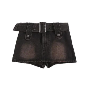 Mini-jupe en denim naturel décontractée d'hiver avec ceinture, diamants, haute qualité, confortable, streetwear lavé, taille noire pour femmes - Product Image 3