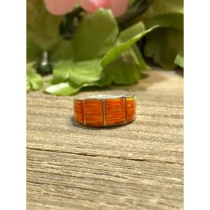 Navajo Made Sterling <b>Silver</b> Inlay <b>Ring</b> with <b>Man</b> Made Opal Size 6.75 - Product Image 1