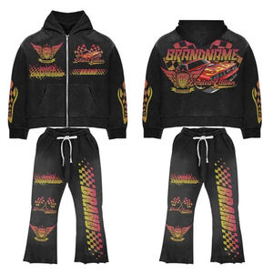 Venta al por mayor Zip up Vintage Hoodie chándal personalizado impreso lavado ácido acampanado pantalones de chándal y conjunto de Sudadera con capucha - Product Image 1