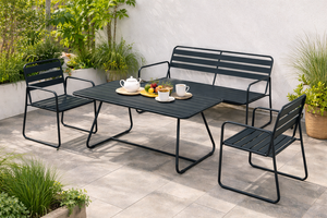 Mesa de Comedor Moderna para Exterior con Estructura de Acero Negro y Tablero de Listones para Sala de Estar y Parque - Product Image 5