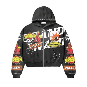 Streetwear 500Gsm français éponge fermeture éclair Vintage haute qualité coton sweat lourd strass acide lavage fermeture éclair à capuche - Product Image 4