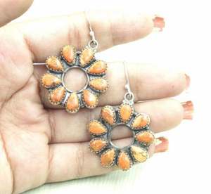 Boucles d'oreilles en pierre précieuse d'huître à pointes orange, boucles d'oreilles en argent sterling 925, boucles d'oreilles faites à la main, pierre orange pour cadeau - Product Image 4