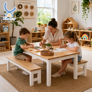Set Tavolo e Panca in <span class=keywords><strong>Legno</strong></span> Montessori con Gambe Bianche, Arredamento per Asilo, Scuola Materna, Aula di Educazione Infantile - Product Image 1