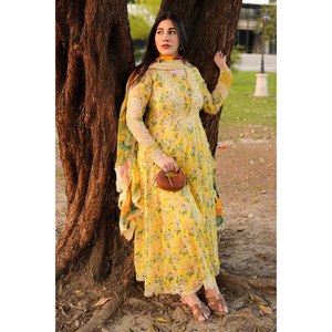Conjunto de traje ANEELAS de 3 piezas para mujer con vestido estampado de seda, dupatta de seda estampada y pantalón teñido BIC-038 - Product Image 2