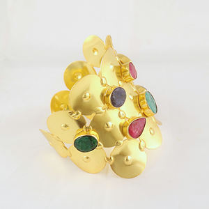 Hypoallergenic fashion jewelry mix color dyed gemstone wide band <b>bracelet</b> 18k gold plated solid brass jewelry open cuff <b>bracelet</b> - Product Image 3