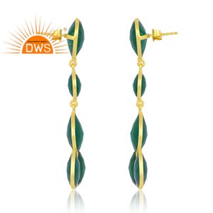 Meilleures boucles d'oreilles pendantes en argent sterling de qualité indienne plaqué or 18 carats avec pierre précieuse onyx vert naturel, fabricant de bijoux demi-fins - Product Image 3