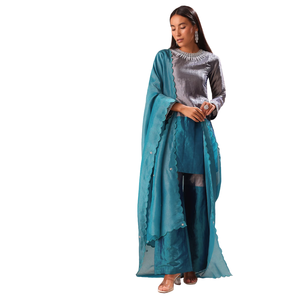 Ensemble de palazzo Kurta brodé vert aqua, vente en gros de vêtements ethniques pour femmes, tenue de fête ethnique personnalisée de fournisseur d'usine OEM - Product Image 3