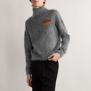 Pull en maille de mohair duveteux à col roulé de style urbain pour homme, couleur unie, manches longues, lourd, vêtement d'hiver chaud - Product Image 4
