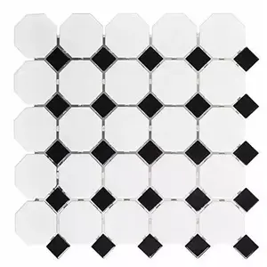 Mosaico de porcelana Octágono blanco y negro mixto, azulejo de suelo y pared pulido y brillante, caja de 5 para uso interior y exterior - Product Image 1