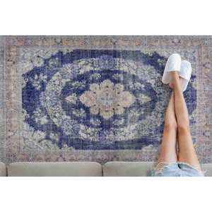 Navy Blue Medallion Printed <b>Rug</b> - Muted Bohemian Turkish Design,Chenille <b>Rug</b> - Product Image 1