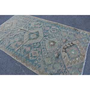 Alfombra turca Kilim de 5,2x8,8 pies, diseño de retazos azul y marrón, técnica de tejido plano de látex de lana para sala de estar, pasillo, Tabriz - Product Image 4