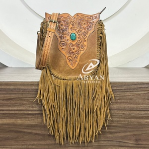 Sac à bandoulière en cuir de vachette travaillé à la main tendance 2025 avec pierre turquoise Prix bas Designer Sac à bandoulière à franges pour femmes - Product Image 1