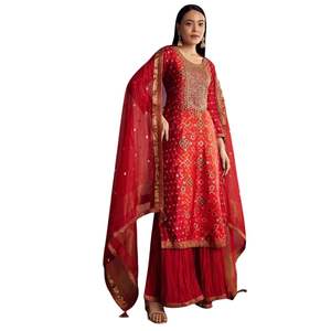Ensemble de Kurta imprimé Patola rouge et Bandhani avec tenue de mariage et de fête indienne traditionnelle Banarasi Dupatta - Product Image 3