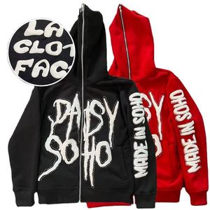 OEM personalizado 100% algodón de peso pesado Full-Zip Hoodie para hombres cara completa de gran tamaño 3D Puff estampado ácido lavado recortado ropa de invierno - Product Image 1