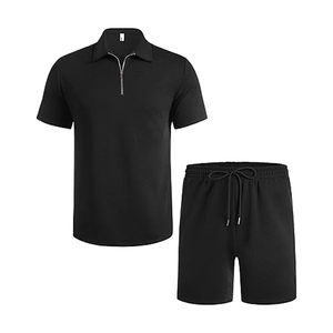 <b>Men's</b> Casual Black Color 2-Piece Quarter Zip Polo <b>Shirt</b> Shorts Set Half Zip Waffle POLO <b>Shirt</b> Suit with High Visibility Features - Product Image 3