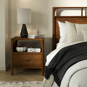 Mesita de Noche Moderna de Madera con Cajón y Estante Abierto, Mesa de Noche Minimalista de Nogal para Dormitorio - Product Image 6