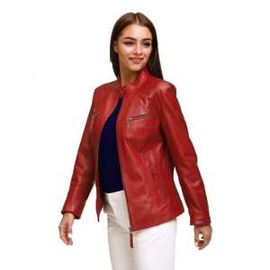 Femmes col montant veste en cuir véritable grande taille hiver Style toile tissu nouvelle fermeture éclair Design en gros - Product Image 5