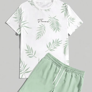 Men's Printed Summer Casual Short <b>Set</b> 100% Cotton Breathable Lightweight Beige Home Wear - Product Image 1