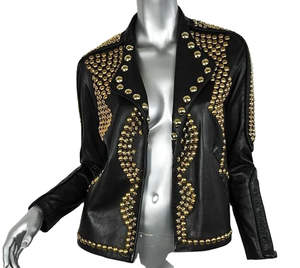 Nueva Oferta, Chaqueta de Cuero para Mujer, Chaqueta de Motociclista de Cuero con Tachuelas y Pedrería, Chaquetas de Cuero Vacuno para Mujer - Product Image 6