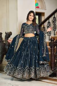 Lehenga choli ผ้าจอร์เจียสำหรับผู้หญิงชุดประจำชาติกึ่งเย็บสำหรับเทศกาลและโอกาสพิเศษ - Product Image 4