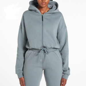 Super Soft Cotton Fleece Workout Adjustable Elastic <b>Jacket</b> Jogger Gym Tracksuits Set for Women - Product Image 3