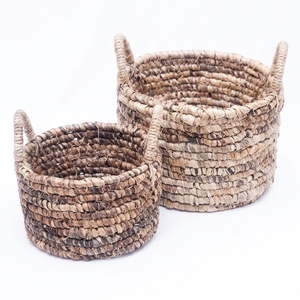 Ensemble de paniers de rangement en écorce de bananier naturelle, pot cylindrique avec anse en anneau épais enroulé, pot de fleurs, décoration artistique pure pour la maison, artisanat - Product Image 1