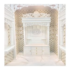 Mandir de madera de teca real en pulido blanco con almacenamiento Mandir de madera de teca de lujo con base de gabinete Unidad de Pooja hindú tradicional - Product Image 1