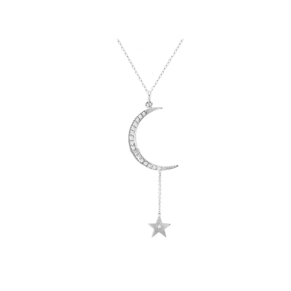 Hermoso collar con colgante de luna creciente y Estrella de oro sólido de 18k, disponible al mejor precio