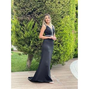 Abito da sera con stelle da donna con colletto ricamato in pietra argentata e cintura Bu4174 4174