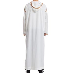 Thobe Musulmán Blanco para Hombre con Detalles en Azul Claro, Manga Larga, Jubba Islámica, Kandura, Dishdasha, Ropa Tradicional Árabe de Verano - Product Image 2