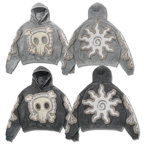 Custom Vintage Stone Acid Wash Zip Up Print Sun Faded bordado parche apenado recortado Sudadera con capucha para los hombres - Product Image 6