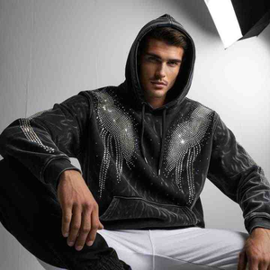 เสื้อฮู้ดแบบสวมหัวมีฮู้ดติดพลอยเทียมระยิบระยับแบบกำหนดเองดีไซน์โบราณพร้อมโหมดเย็บติด - Product Image 3